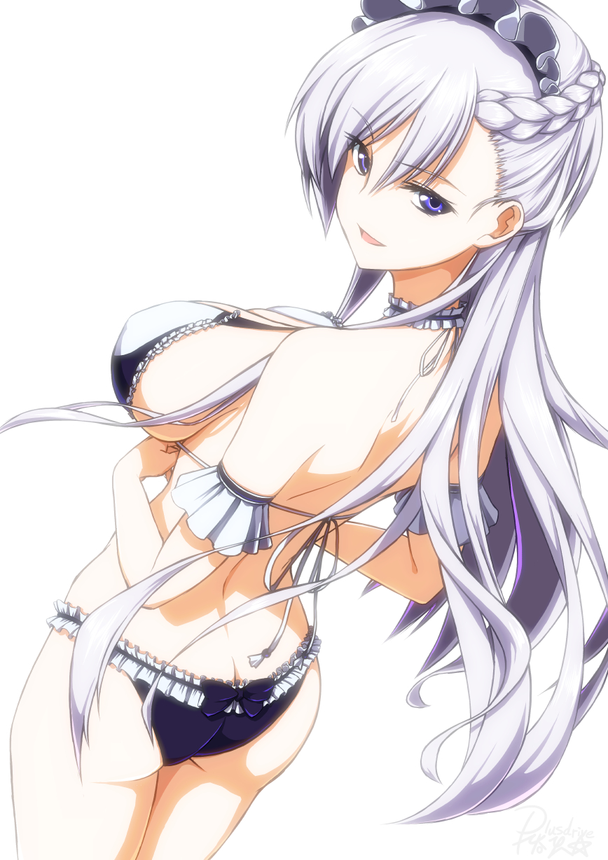 1girl, alternate_costume, ass, azur_lane, back, bangs, bare_shoulders, belfast_(azur_lane), bikini, blush, bow_bikini, braid, breasts, butt_crack, choker, dutch_angle, eyebrows_visible_through_hair, french_braid, frilled_bikini, frilled_choker, frills, from_behind, halter_top, halterneck, hands_together, highres, koutarou_(plusdrive), large_breasts, long_hair, looking_at_viewer, looking_back, maid_headdress, open_mouth, purple_bikini, shoulder_blades, sidelocks, signature, silver_hair, simple_background, smile, solo, swimsuit, thighs, violet_eyes, white_background