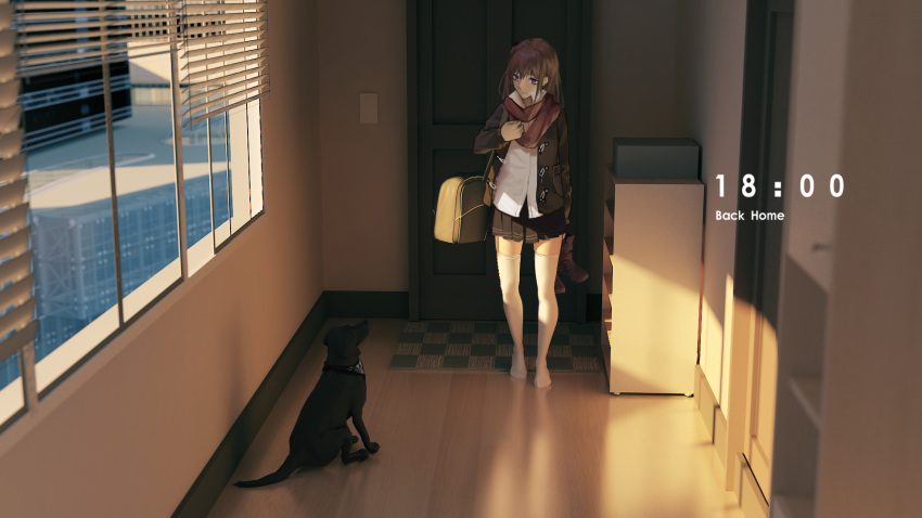 1girl, arm_at_side, arm_up, bag, bangs, black_dog, black_jacket, black_skirt