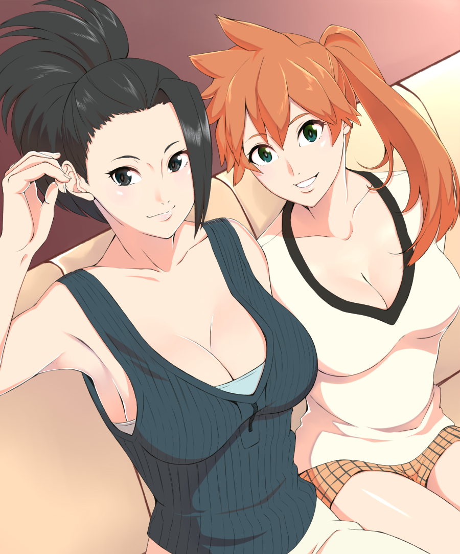 2girls, arm_up, asymmetrical_bangs, asymmetrical_hair, bangs, black_eyes, black_hair, boku_no_hero_academia, breasts, brown_hair, cleavage, collar, collarbone, couch, egooo, eyebrows_visible_through_hair, green_eyes, grin, hair_between_eyes, high_ponytail, kendou_itsuka, large_breasts, lips, long_hair, looking_at_viewer, miniskirt, multiple_girls, orange_skirt, shiny, shiny_hair, shirt, side_ponytail, sideboob, sitting, skirt, sleeveless, sleeveless_shirt, smile, white_shirt, yaoyorozu_momo