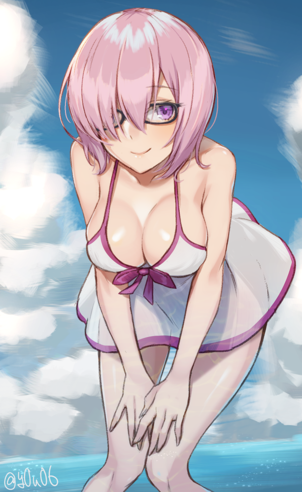 1girl, bent_over, black-framed_eyewear, blue_sky, breasts, cleavage, clouds, day