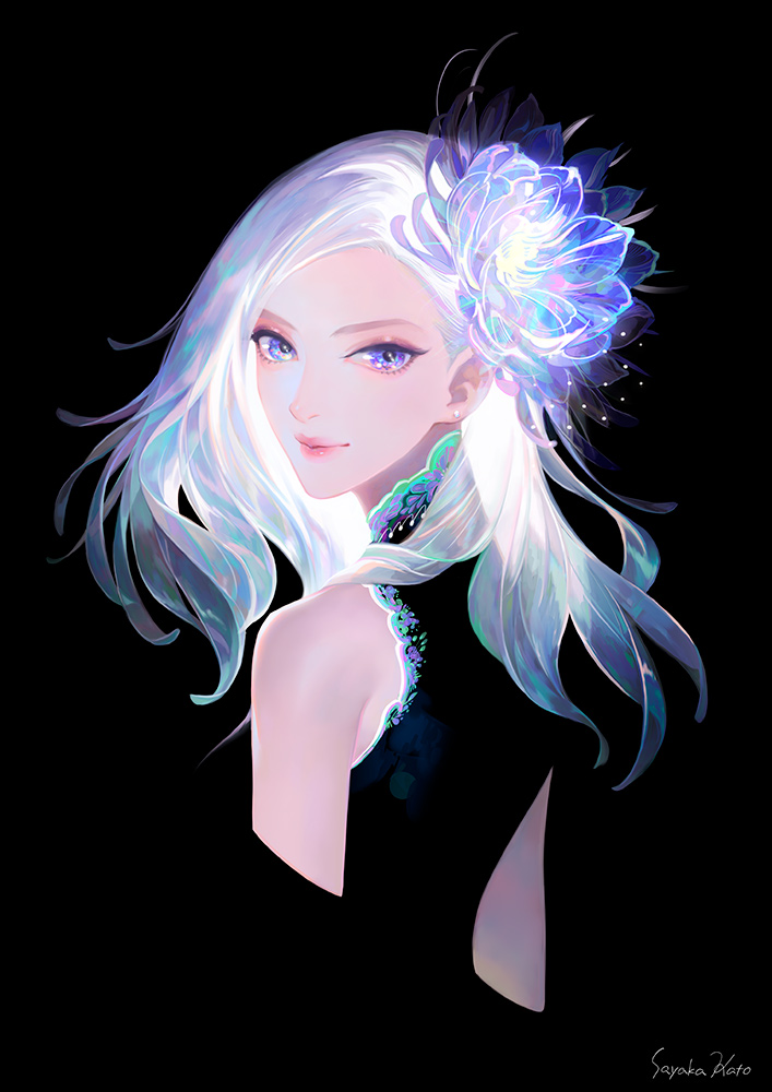 1girl, artist_name, black_background, black_shirt, blue_eyes, blue_flower, cropped_legs, cropped_torso