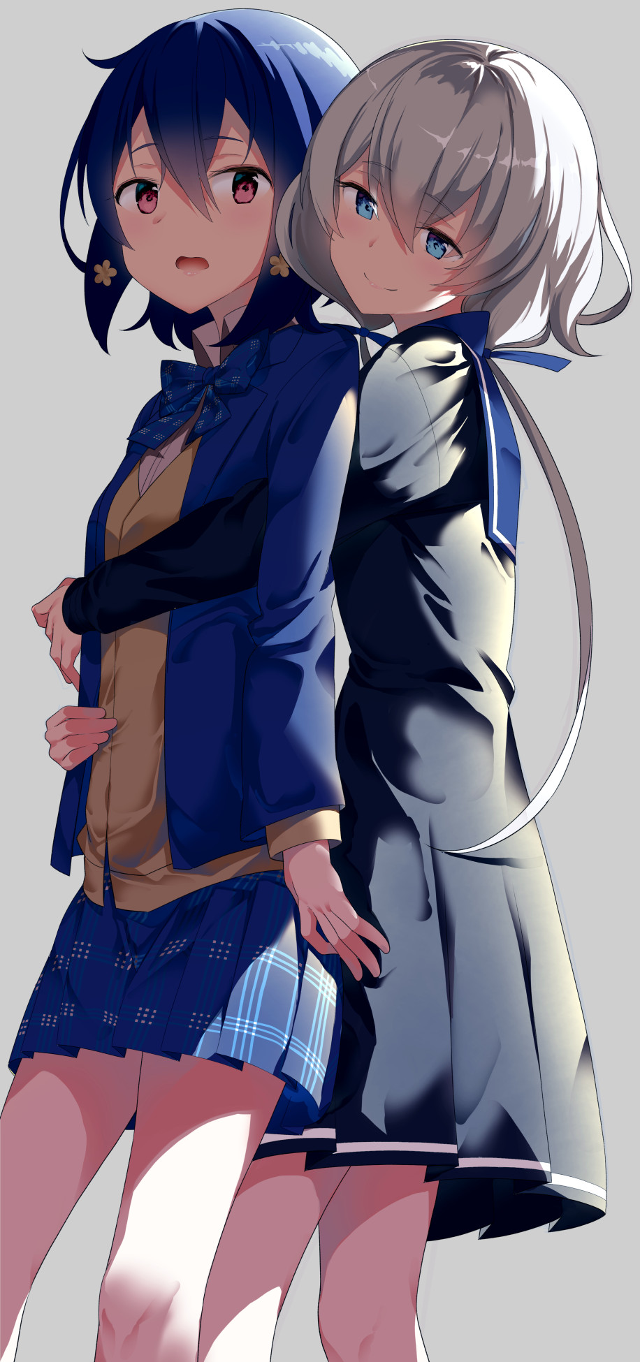 2girls, black_skirt, blazer, blue_hair, blue_neckwear, blue_ribbon, blue_skirt, cardigan