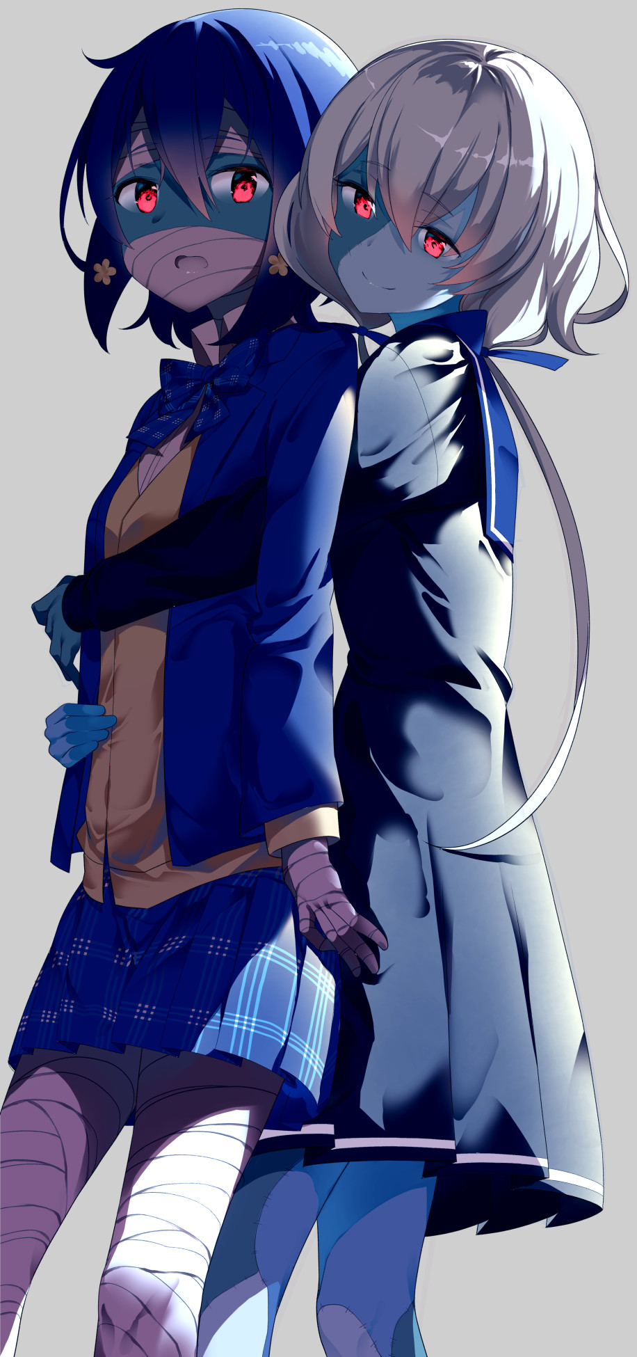 2girls, bandage, bandaged_arm, bandaged_head, bandaged_leg, bandages, black_skirt, blazer