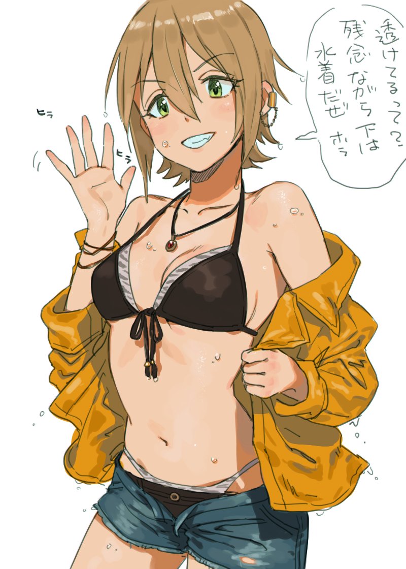 1girl, bikini, black_bikini, blue_shorts, bracelet, breasts, brown_hair, cleavage