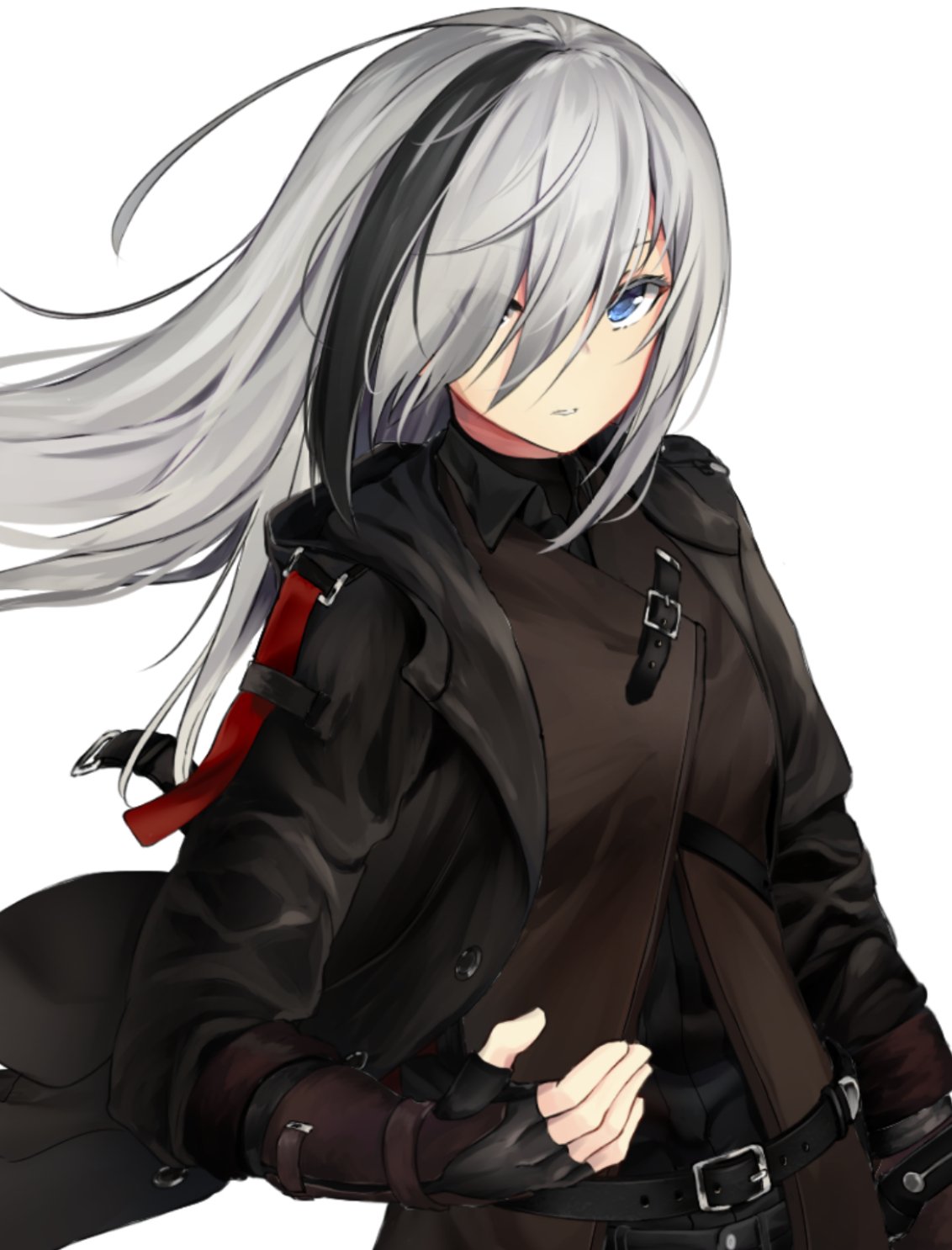 1girl, belt, black_coat, black_gloves, blue_eyes, eyes_visible_through_hair, fingerless_gloves, floating_hair