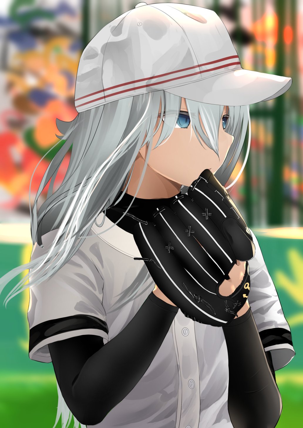 1girl, baseball_cap, baseball_glove, baseball_uniform, black_sleeves, blue_eyes, blurry, blurry_background
