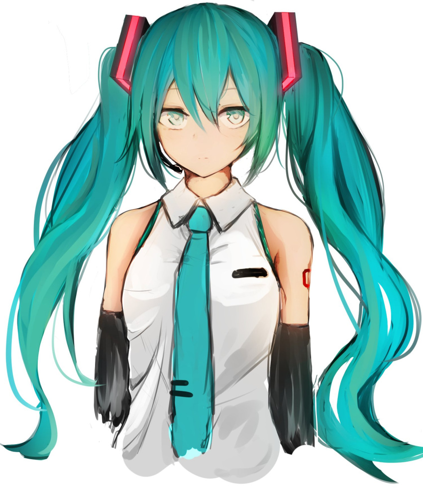1girl, black_sleeves, blue_hair, blue_neckwear, cropped_arms, cropped_torso, detached_sleeves, floating_hair, green_eyes, hair_between_eyes, hatsune_miku, highres, ikashun, long_hair, long_sleeves, microphone, necktie, shirt, simple_background, sketch, sleeveless, sleeveless_shirt, solo, twintails, upper_body, very_long_hair, vocaloid, white_background, white_shirt