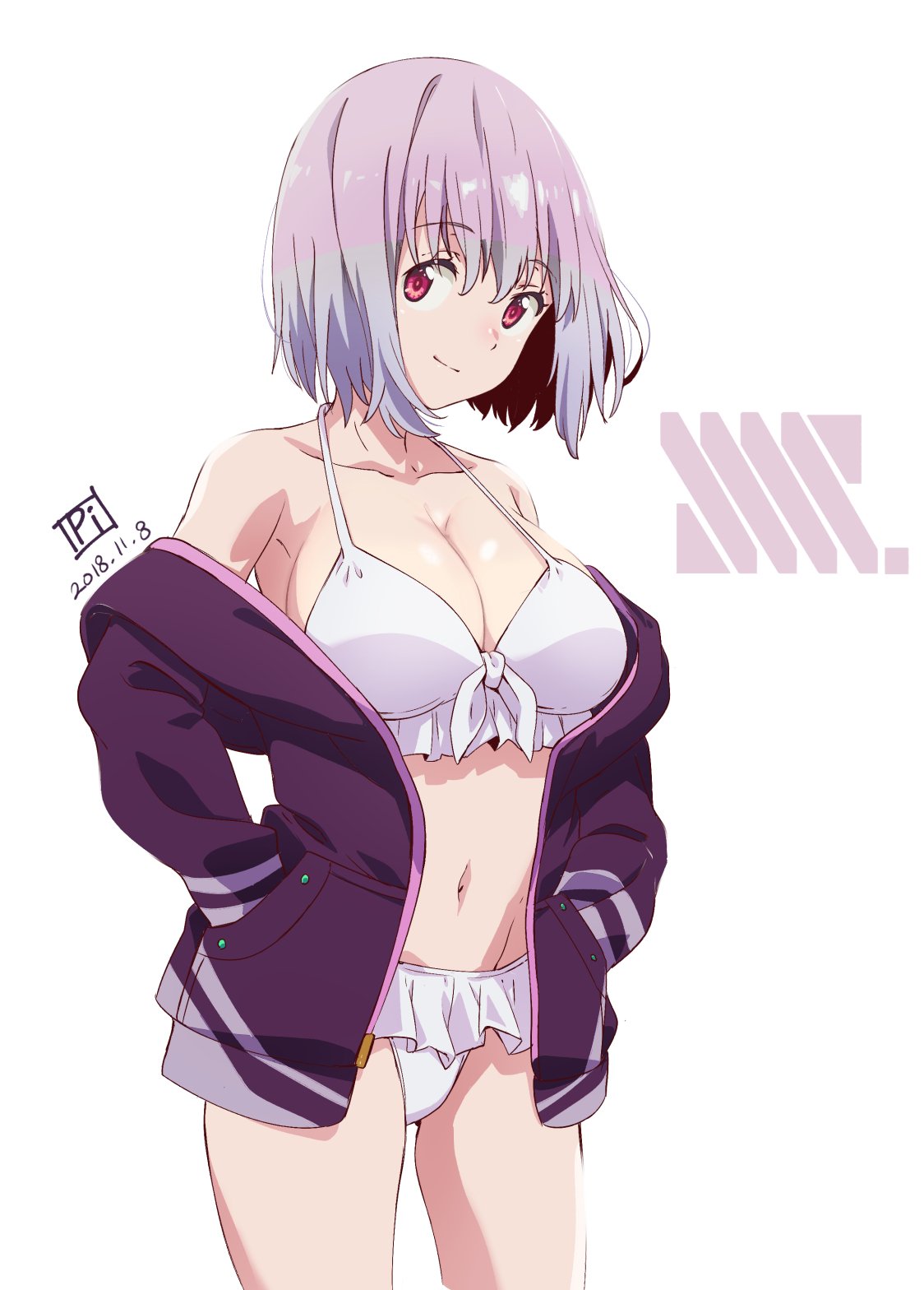 1girl, bikini, collarbone, hands_in_pockets, highres, jacket, kanbe_piroshiki, lavender_hair, long_hair, looking_at_viewer, navel, off_shoulder, purple_jacket, red_eyes, shinjou_akane, smile, ssss.gridman, swimsuit, white_bikini