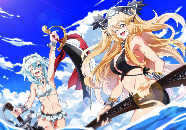2girls, anne_bonny_(fate/grand_order), anne_bonny_(swimsuit_archer)_(fate), bikini, blonde_hair, blue_eyes, blue_sky, collar