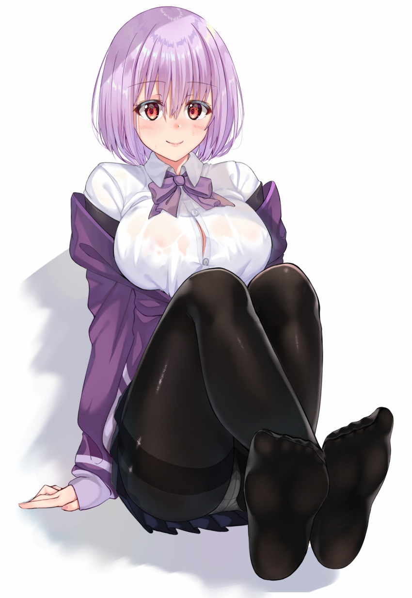 1girl, bangs, black_legwear, black_skirt, blush, bow, breasts, crossed_ankles