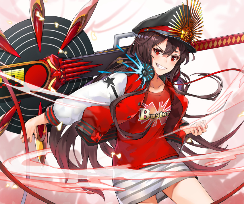 1girl, black_cola, black_hat, blush, brown_hair, buster_shirt, collarbone, commentary_request, family_crest, fate/grand_order, fate_(series), grin, hat, head_tilt, headphones, headphones_around_neck, highres, jacket, letterboxed, long_hair, long_sleeves, oda_nobunaga_(fate), oda_nobunaga_(swimsuit_berserker)_(fate), oda_uri, open_clothes, open_jacket, peaked_cap, puffy_long_sleeves, puffy_sleeves, red_eyes, red_jacket, red_shirt, shirt, skirt, smile, solo, striped, striped_skirt, very_long_hair