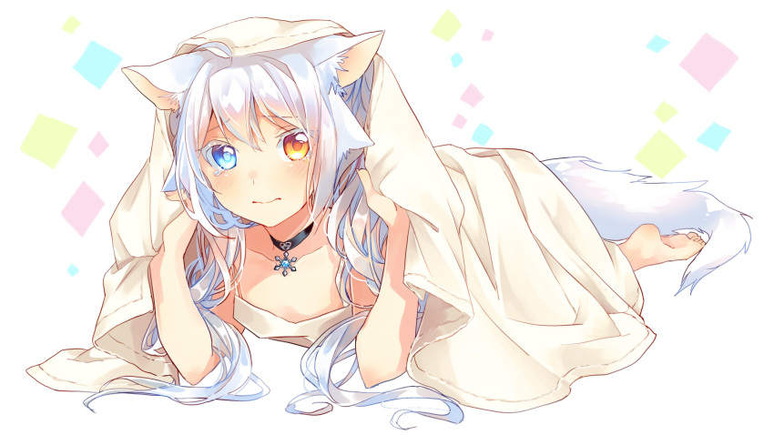 1girl, 3:, ahoge, animal_ears, barefoot, blanket, blue_eyes, blush