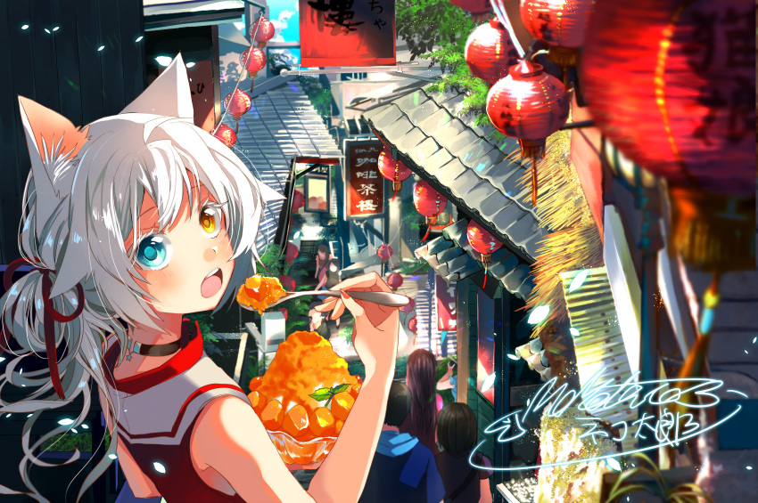 1girl, :o, animal_ears, bare_arms, blue_eyes, blurry, blush, cat_ears