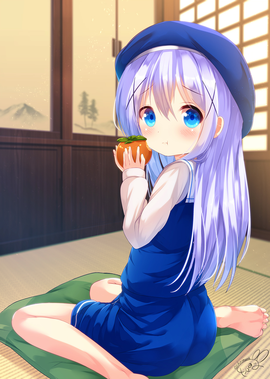 1girl, :t, apple, bangs, barefoot, beret, blue_eyes, blue_hat