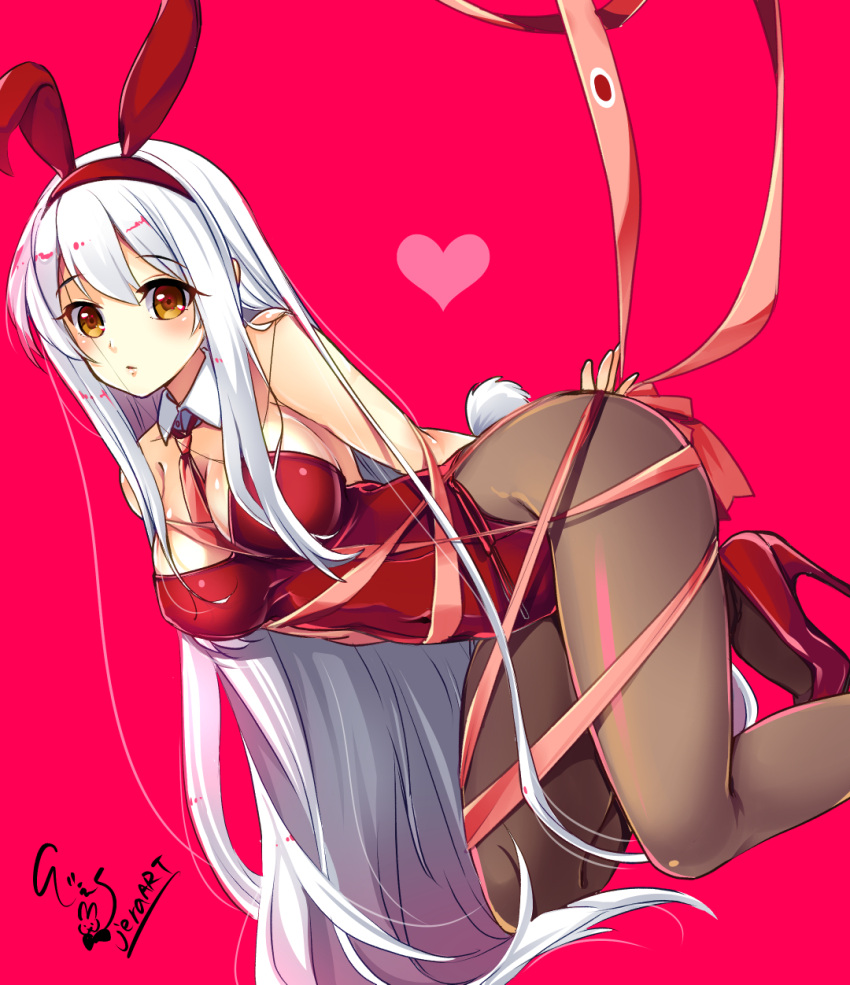 1girl, all_fours, an_jera, animal_ears, arms_behind_back, brown_legwear, bunny_tail, bunnysuit