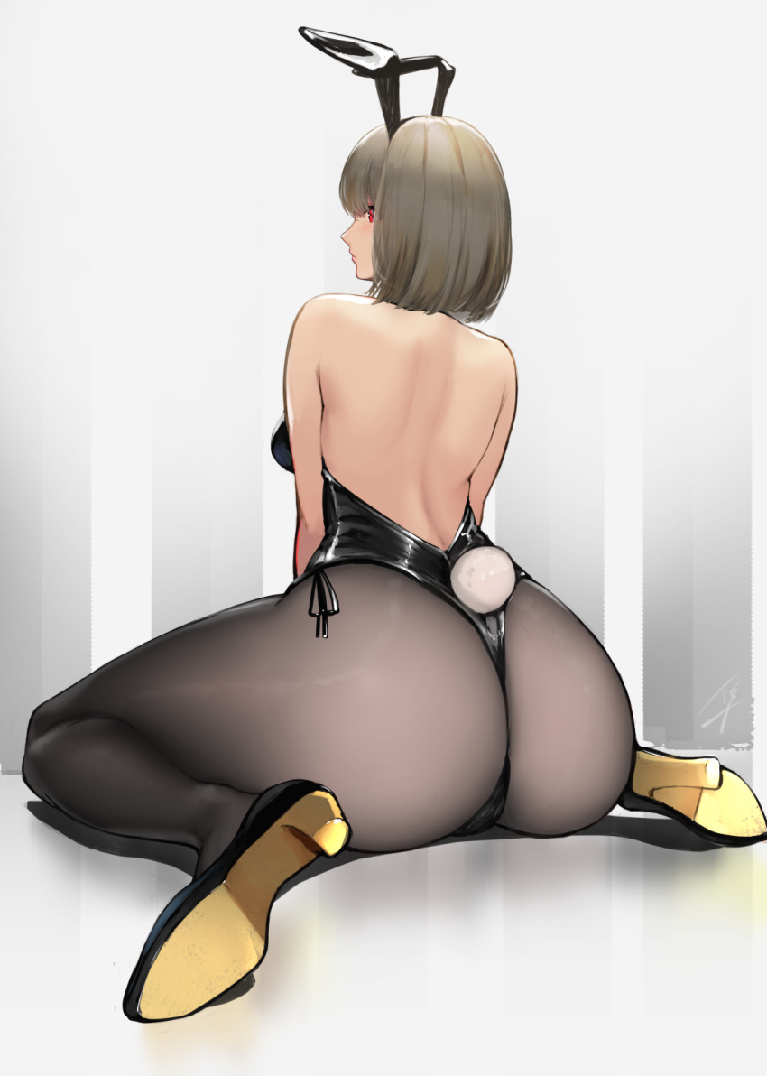 1girl, animal_ears, ass, bare_back, bare_shoulders, breasts, bunny_tail, bunnysuit