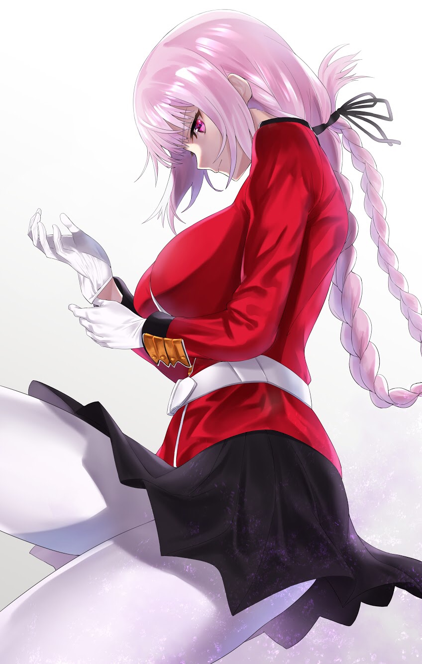 1girl, bangs, belt, black_ribbon, black_skirt, braid, breasts, closed_mouth