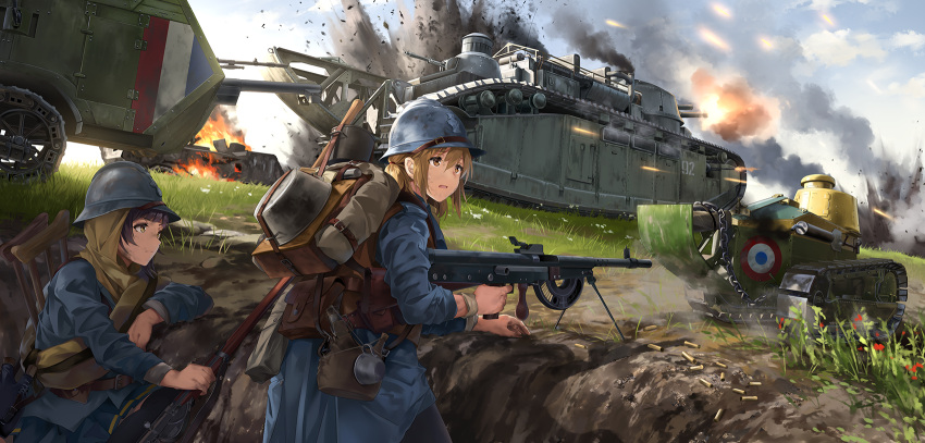 2girls, assault_rifle, backpack, bag, battlefield, battlefield_1, black_hair, blue_sky
