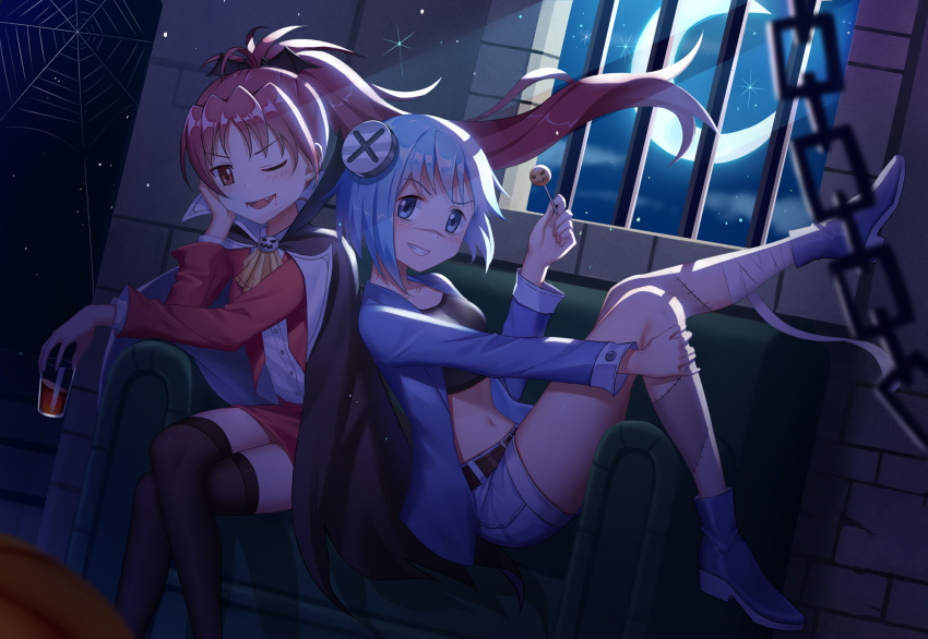 2girls, :d, alternate_costume, ascot, bandage, bandaged_leg, bandages, bangs