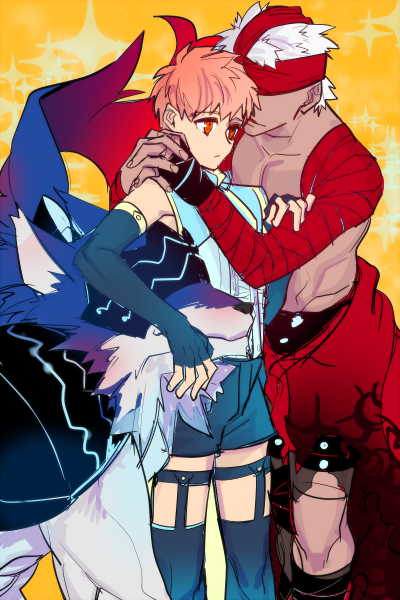 2boys, archer, blue_gloves, covered_face, dark_skin, dark_skinned_male, elbow_gloves, emiya_shirou