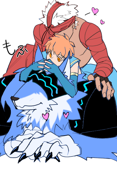 2boys, archer, blue_gloves, covered_face, dark_skin, dark_skinned_male, elbow_gloves, emiya_shirou