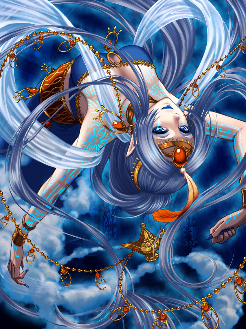 1girl, blue_background, blue_eyes, blue_lipstick, blue_nails, bracelet, breasts, clutch2130