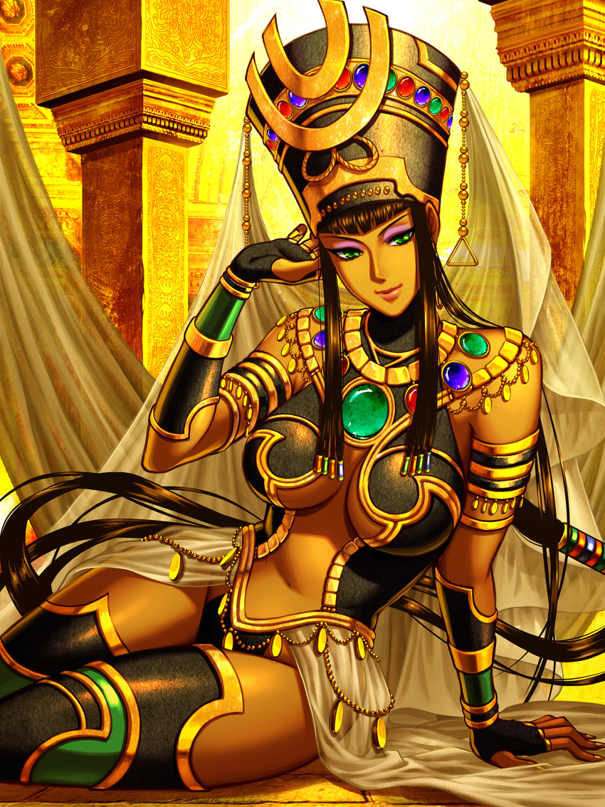 1girl, arm_support, armlet, black_hair, black_hat, black_legwear, breasts, cleavage