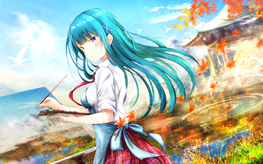 1girl, 2018, apron, aqua_hair, art_brush, autumn_leaves, bangs, bird