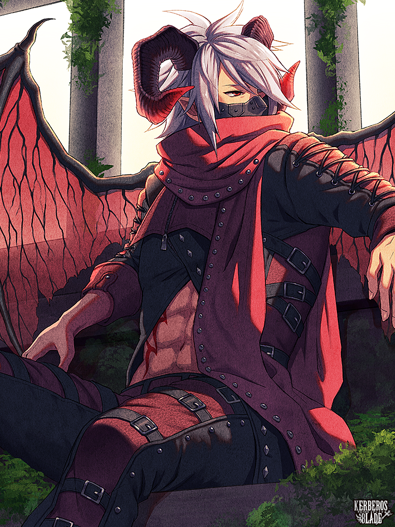 abs, belt, black_pants, clutch2130, copyright_name, covered_mouth, horns, kerberos_blade