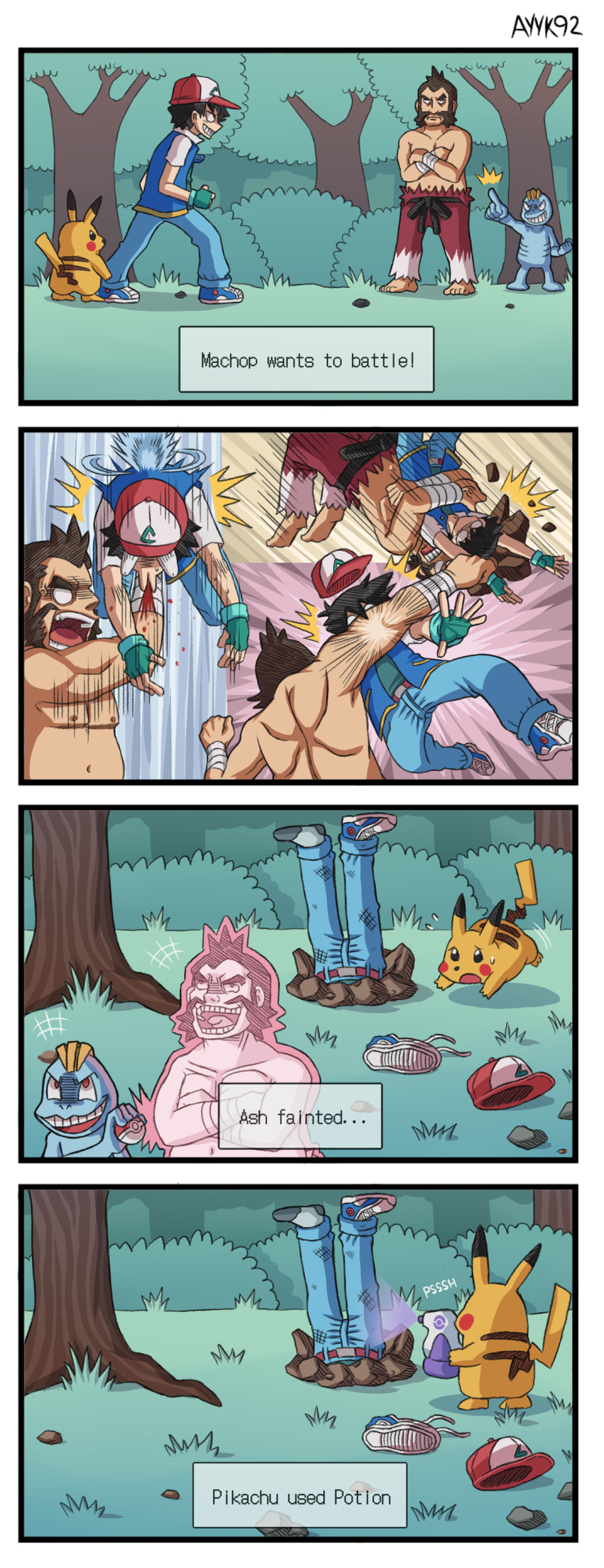 absurdres, ayyk92, beard, belt, blood, buried, clothesline_(attack), creatures_(company), defeated, denim, english, game_freak, gen_1_pokemon, german_suplex, gym_leader, hat, highres, jeans, laughing, machop, nintendo, pants, pikachu, pointing, pokemon, pokemon_(anime), pokemon_(creature), pokemon_(game), potion, punching, satoshi_(pokemon), shijima_(pokemon), shoes, sneakers, spraying, suplex, tree, vest