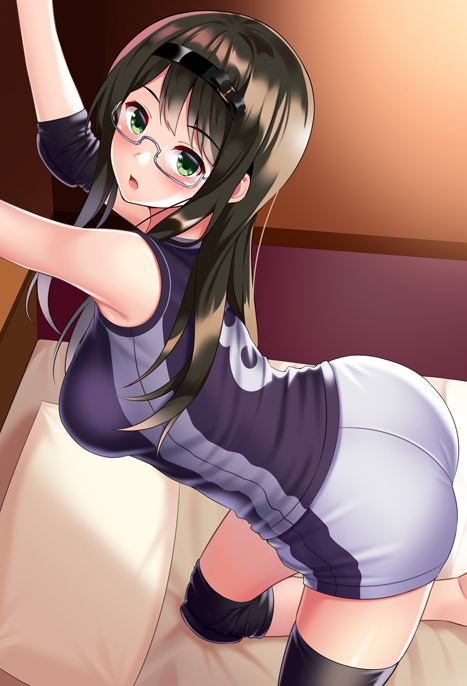 1girl, arms_up, ass, bangs, bed, bed_sheet, blue_shirt, blush