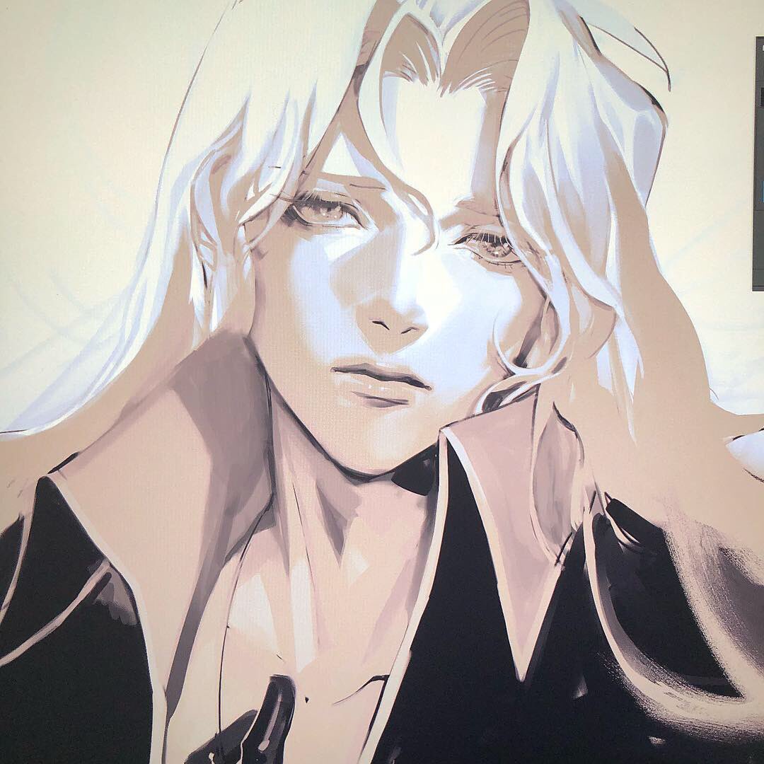 1boy, alucard_(castlevania), black_gloves, blonde_hair, castlevania, castlevania:_symphony_of_the_night, facing_viewer, gloves, high_collar, long_hair, looking_at_viewer, male_focus, monochrome, ngop, silver_hair, solo, white_hair