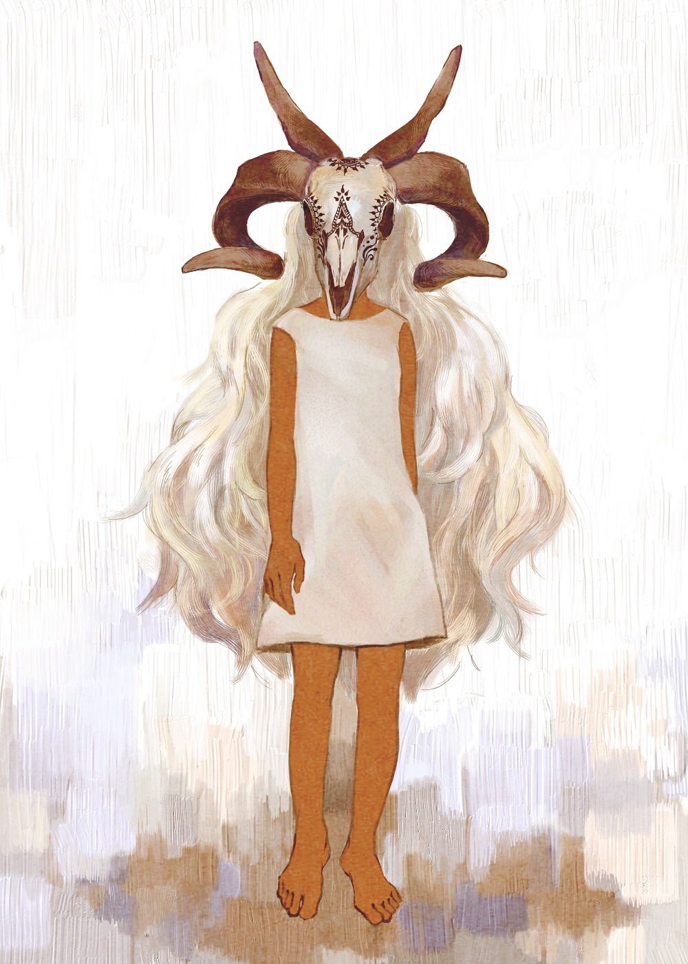 1girl, barefoot, bone, commentary_request, curled_horns, dark_skin, dress, full_body