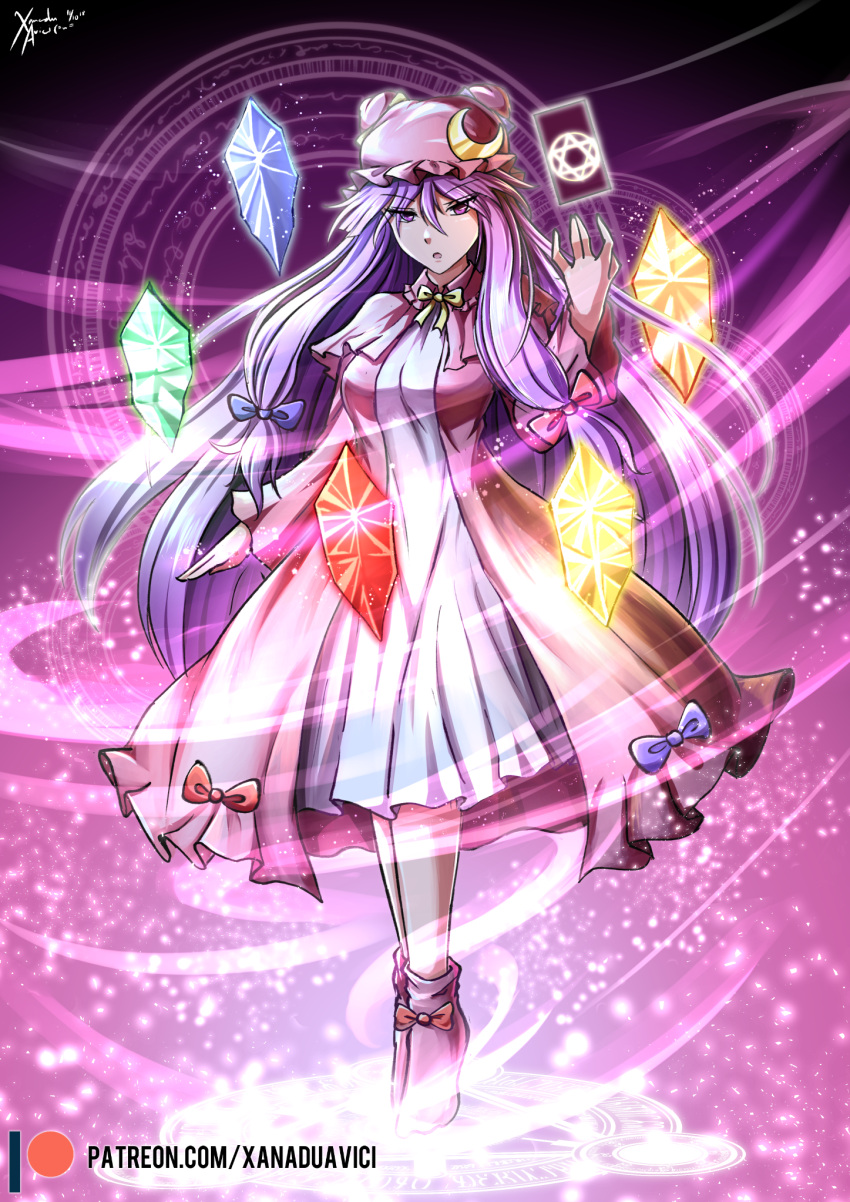 1girl, blue_bow, bow, breasts, commentary, crescent, crescent_moon_pin, dark_background