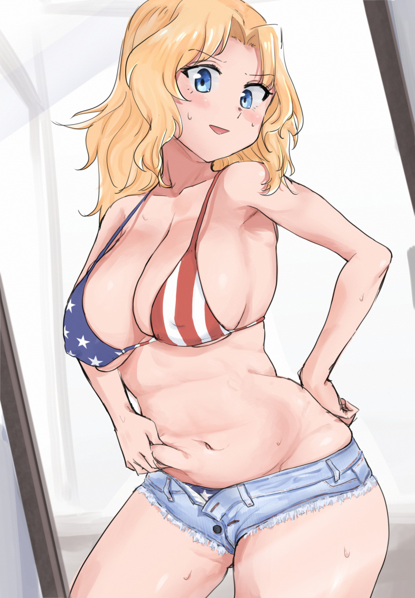 1girl, absurdres, american_flag_bikini, belly_grab, bikini, blue_shorts, breasts, cleavage