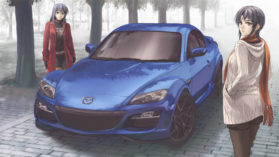 black_hair, car, coat, gloves, jewelry, mazda, mazda_rx-8, motor_vehicle