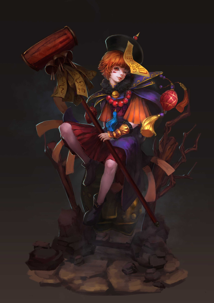 1boy, absurdres, bell, black_background, black_footwear, black_hat, bracer, brown_eyes, brown_hair, facepaint, hat, highres, hihisou_(pan-kun), holding, holding_weapon, jewelry, male_focus, necklace, ofuda, sitting, solo, tagme, tassel, weapon