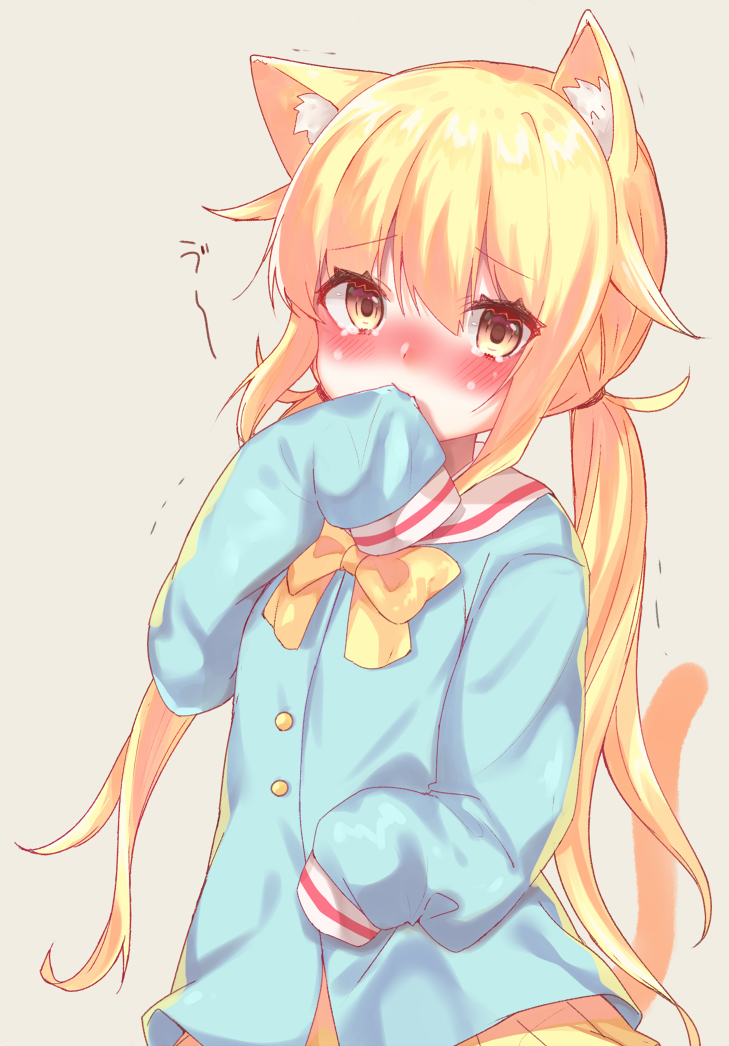 1girl, animal_ears, azur_lane, biting, blonde_hair, blue_shirt, blush, cat_ears