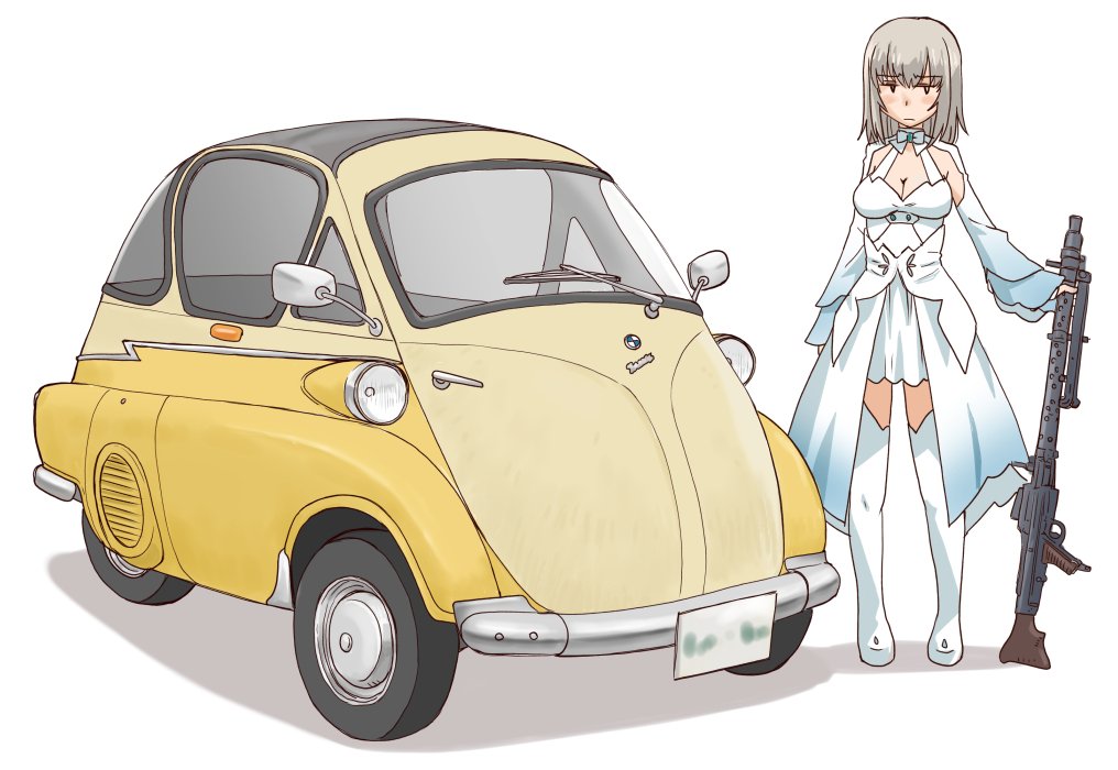 1girl, blue_eyes, bmw_isetta, boots, breasts, car, cleavage, closed_mouth