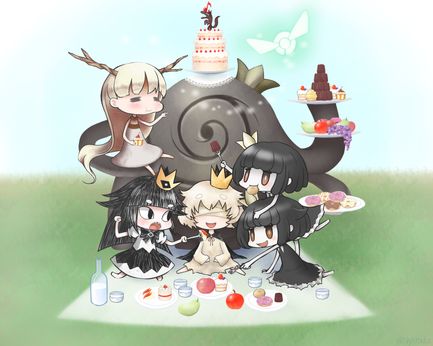1boy, 4girls, :d, :t, =_=, antlers, apple, apple_bunny
