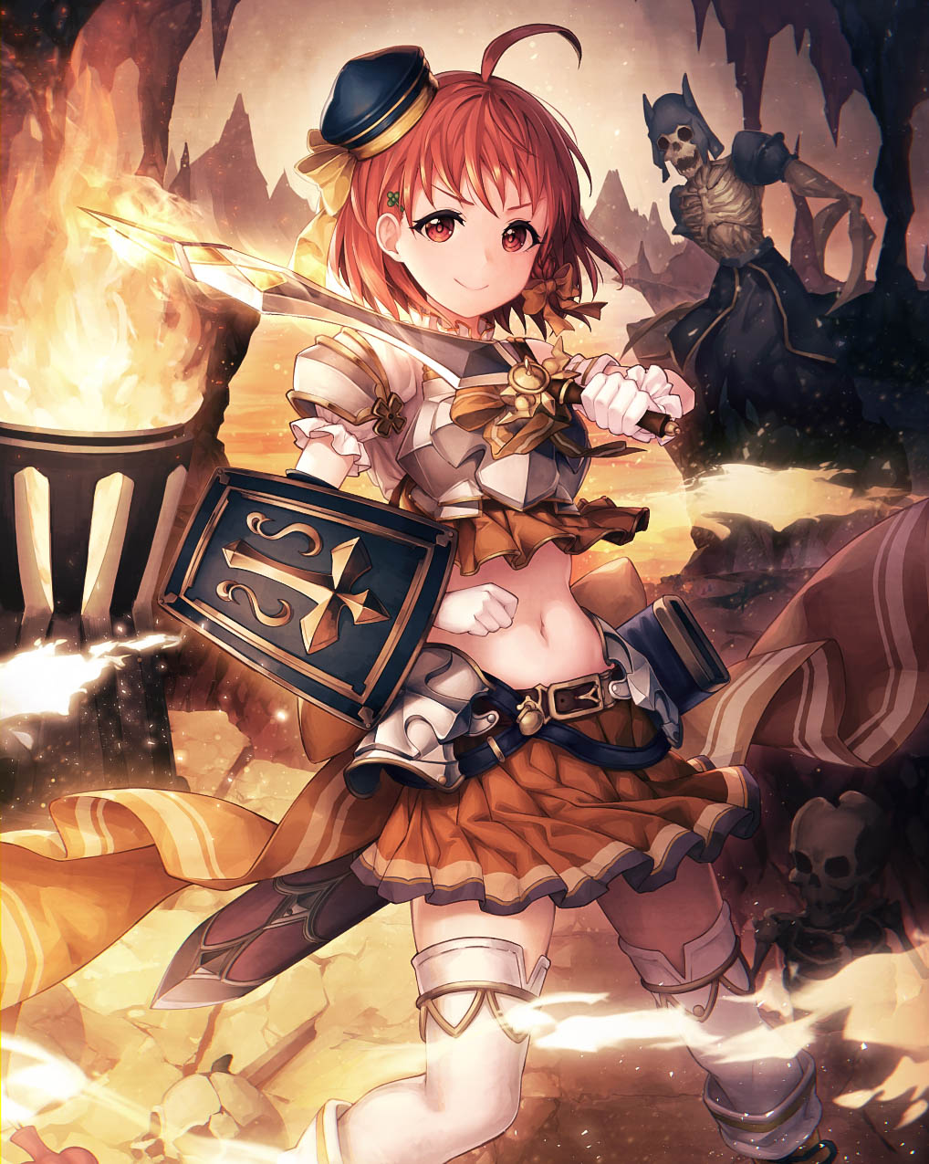 1girl, ahoge, armor, bow, braid, breastplate, clenched_hand, closed_mouth