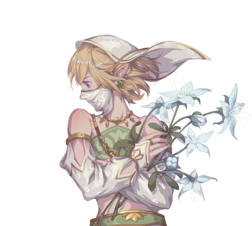 1boy, alternate_costume, bare_shoulders, blonde_hair, blue_eyes, covering_mouth, crossdressinging, crossed_arms, detached_sleeves, earrings, flower, gerudo_link, highres, hihisou_(pan-kun), jewelry, link, looking_to_the_side, male_focus, nintendo, pointy_ears, simple_background, solo, standing, the_legend_of_zelda, the_legend_of_zelda:_breath_of_the_wild, trap, upper_body, veil, white_background