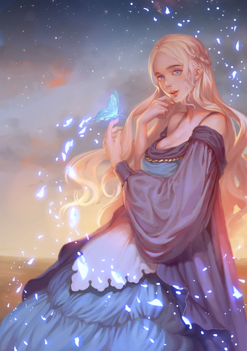 1girl, absurdres, blonde_hair, blue_butterfly, blue_dress, braid, breasts, bug