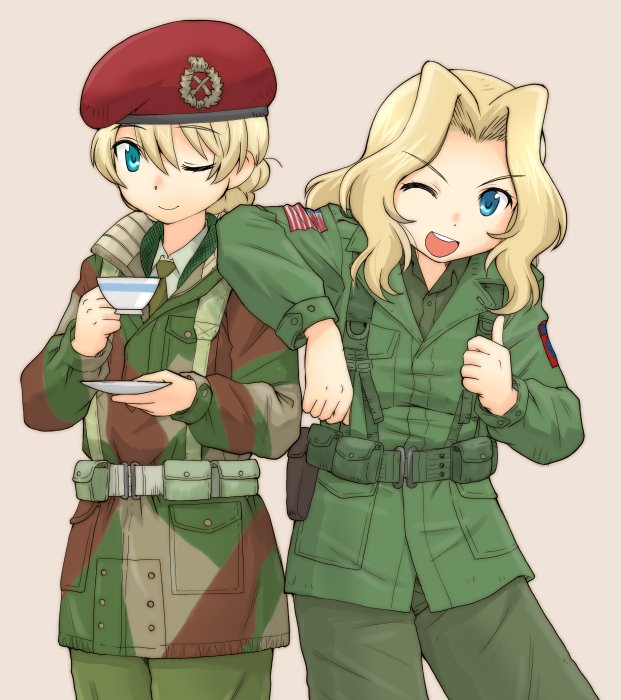 2girls, ;d, american_flag, bangs, beige_background, belt, beret, british_army, brown_shirt, camouflage_background, closed_mouth, collared_shirt, commentary_request, cup, darjeeling, dress_shirt, emblem, eyebrows_visible_through_hair, girls_und_panzer, green_jacket, green_neckwear, green_pants, green_shirt, harness, hat, holding, holding_cup, holding_saucer, jacket, kay_(girls_und_panzer), long_hair, looking_at_viewer, military, military_uniform, multiple_girls, necktie, one_eye_closed, open_mouth, pants, red_hat, saucer, shirt, short_hair, simple_background, smile, standing, teacup, thumbs_up, uniform, uona_telepin, us_army, utility_belt, wing_collar