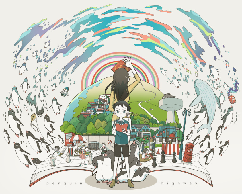 4girls, 5boys, aoyama-kun_(penguin_highway), beach_chair, bench, bird, black_hair, blue_eyes, book, building, can, character_request, chess_piece, cola, copyright_name, facing_away, glasses, hamamoto-san_(penguin_highway), hat, hill, holding, holding_pen, king_(chess), kite, knight_(chess), lamppost, looking_at_viewer, multiple_boys, multiple_girls, notebook, onee-san_(penguin_highway), outdoors, pawn_(chess), pen, penguin, penguin_highway, queen_(chess), rainbow, road_sign, shirt, sign, soda_can, space_craft, suzuki-kun_(penguin_highway), tokyo_mononoke, town, tree, uchida-kun_(penguin_highway), umbrella, vending_machine, whale, white_hat, yellow_shirt