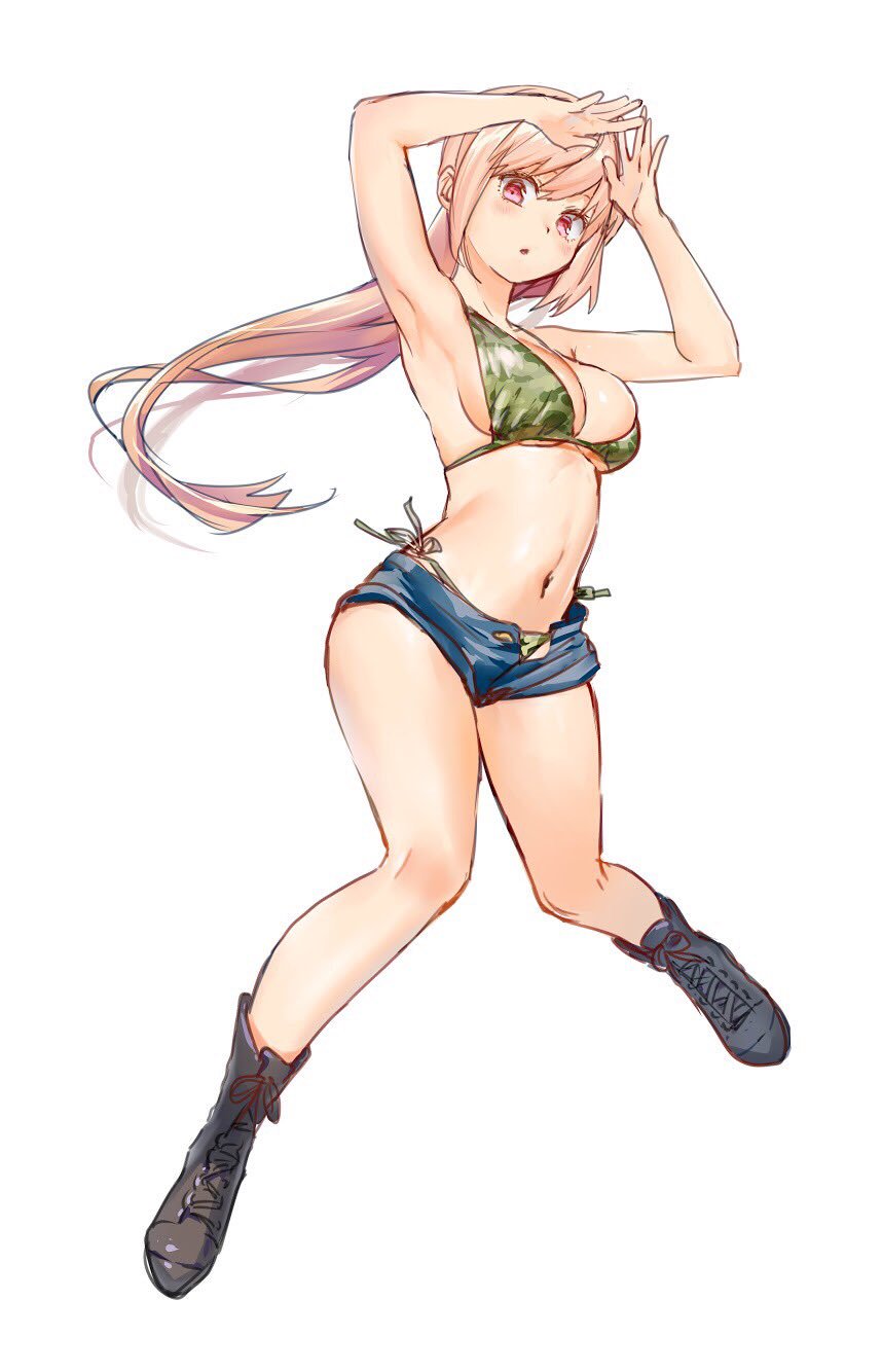 akiyamayoco, bad_anatomy, bangs, bikini, bikini_bottom, blonde_hair, boots, bra