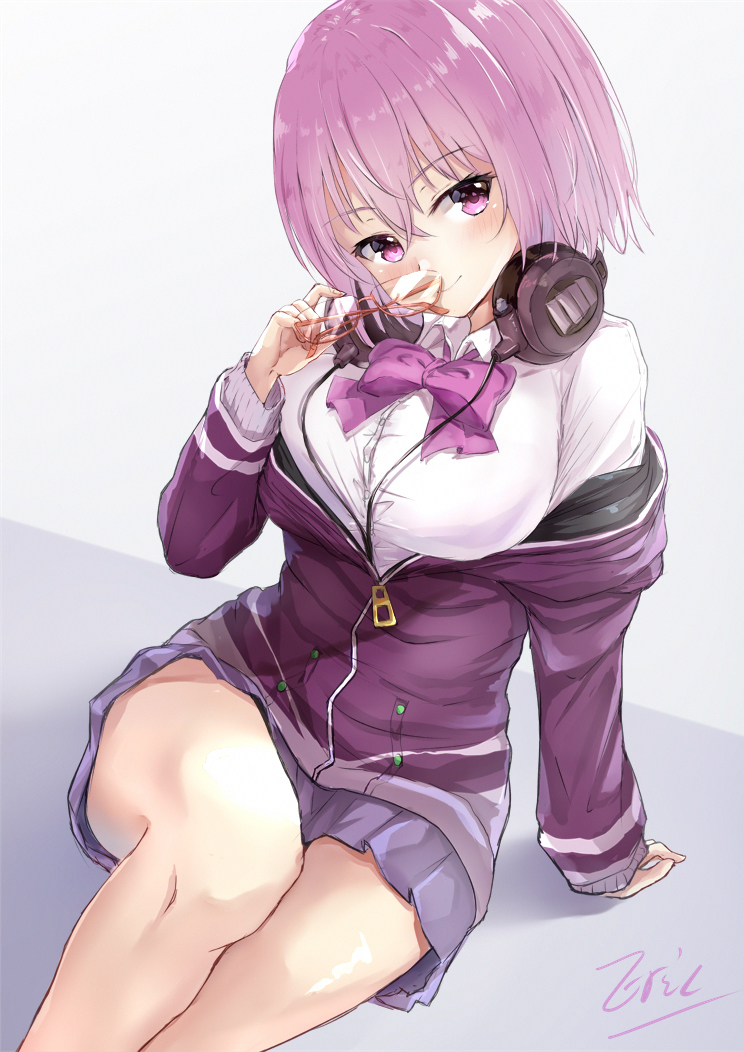 bow, breasts, eric_(pixiv9123557), grin, headphones, headphones_around_neck, holding, holding_eyewear