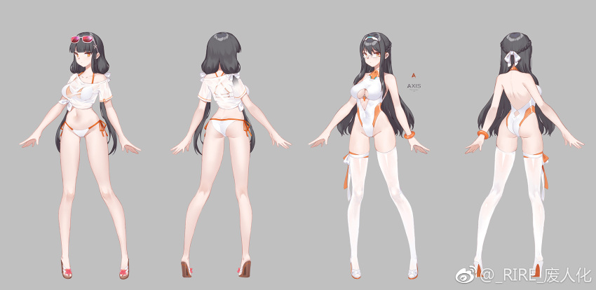 1girl, ass, backless_outfit, bare_legs, bare_shoulders, bikini, black_hair, bracelet