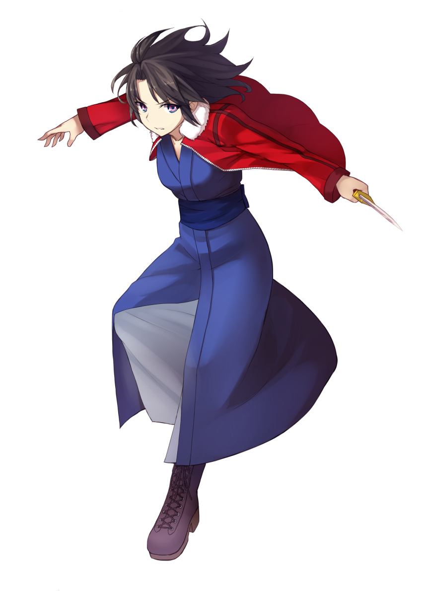 1girl, absurdres, apo_(apos2721), black_hair, blue_kimono, boots, brown_footwear, collarbone