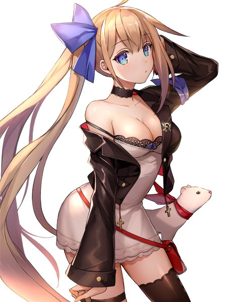 1girl, 6688km, animal, black_bra, black_jacket, black_legwear, blonde_hair, blue